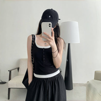 【トップス】夏 フェイクレイヤード パッド付き 着痩せ効果 タンクトップ 【FCシリーズ】