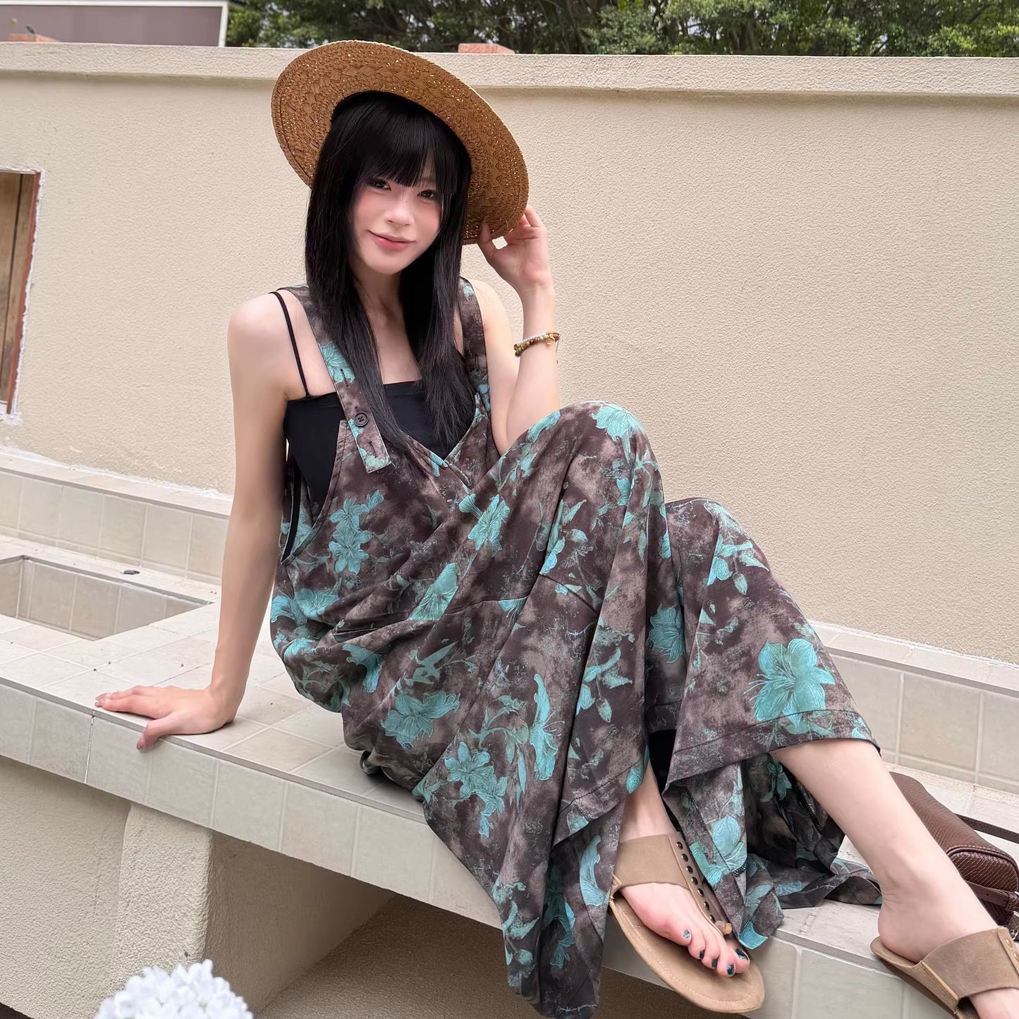 【ボトムス】グラデーション柄 サロペット レディース 夏 ワイドパンツ ゆったり 体型カバー オールインワン リラックスコーデ 人気【SHシリーズ】