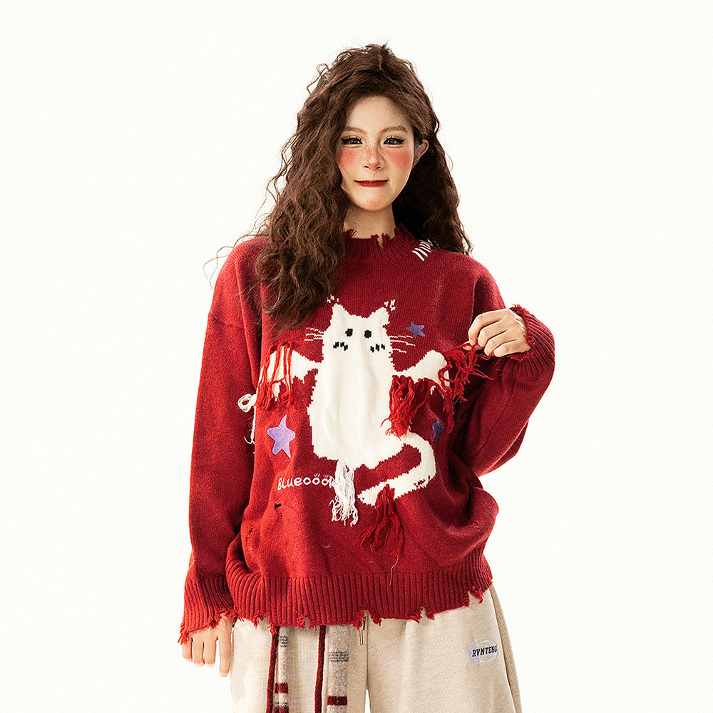 【トップス】レトロ 猫柄ジャカード クルーネック ニット レディース フリンジデザイン ゆったり 着回し セーター【FCシリーズ】