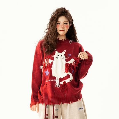 【トップス】レトロ 猫柄ジャカード クルーネック ニット レディース フリンジデザイン ゆったり 着回し セーター【FCシリーズ】