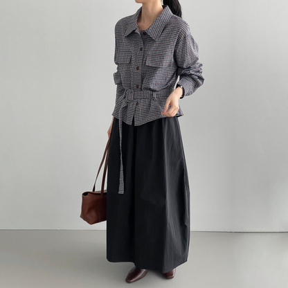 【トップス】韓国風 シンプルギンガムシャツ レディース ベルト付き デザインシャツ 襟付き ウエストマーク 美シルエット 着回しトップス【JZシリーズ】