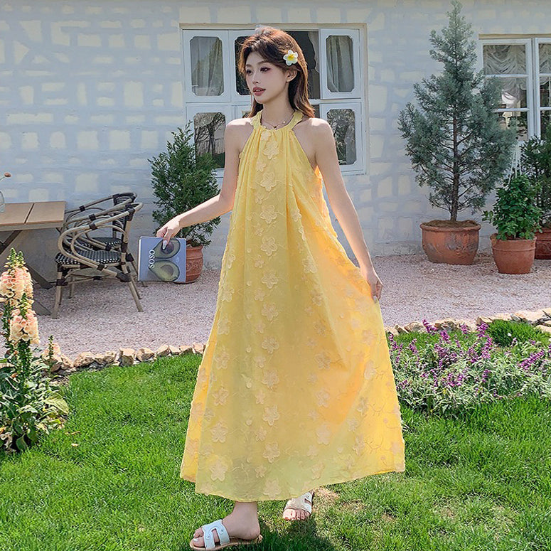 【ワンピース】夏 花柄 イエロー ハイネックキャミノースリーブワンピース 気質溢れる優しげロングドレス【SHシリーズ】
