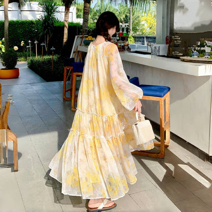 【ワンピース】花柄 長袖ワンピース  レディース 高級感 細見え リゾート風 フェミニン ロングビーチドレス【SHシリーズ】