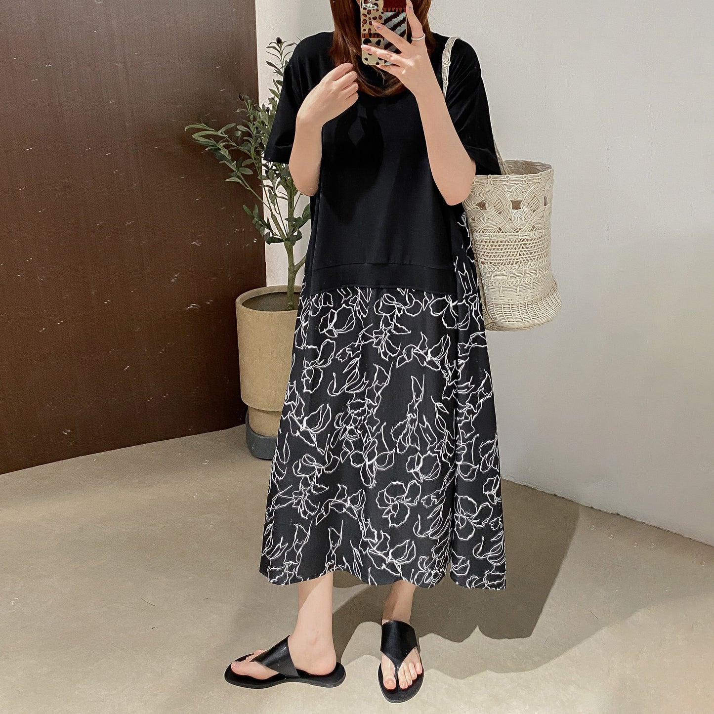 【ワンピース】カジュアル フェイクレイヤード ラウンドネック Tシャツドッキング 切替デザイン ゆったり ロングワンピース 夏新作【JZシリーズ】