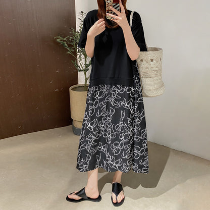 【ワンピース】カジュアル フェイクレイヤード ラウンドネック Tシャツドッキング 切替デザイン ゆったり ロングワンピース 夏新作【JZシリーズ】