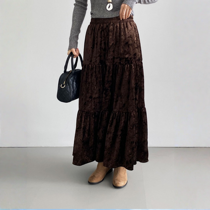 【ボトムス】春 秋 冬 ウエストゴム入り ベルベット素材 フレア スカート  【JZシリーズ】