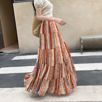 【ボトムス】シフォン花柄ロングスカート レディース 夏 ドレープ感 ティアードデザイン Aラインスカート 着痩せ【SHシリーズ】