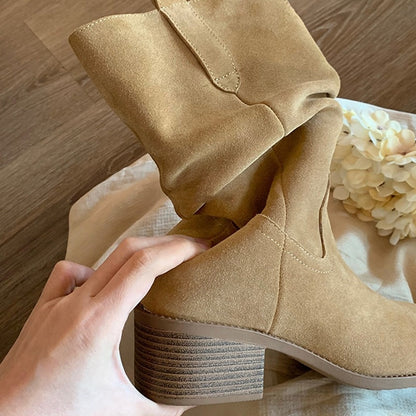 【シューズ】春 秋 冬 ラウンドトゥ チャンキーヒール 脚長効果 くしゅくしゅデザイン マーチンブーツ 【JZシリーズ】