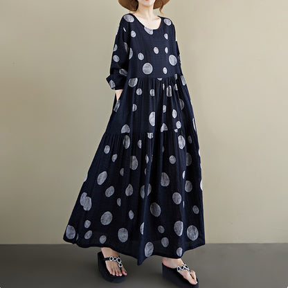 期間限定🍂60%OFF【ワンピース】レトロプリントワンピース レディース 秋新作 長袖 クルーネック ゆったり フレア ロング丈【SHシリーズ】