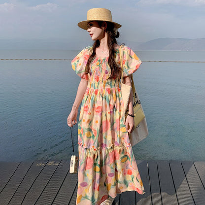 【ワンピース】夏新作 ドーパミン配色トレンド 小花柄 パフスリーブ 半袖ワンピース【SHシリーズ】