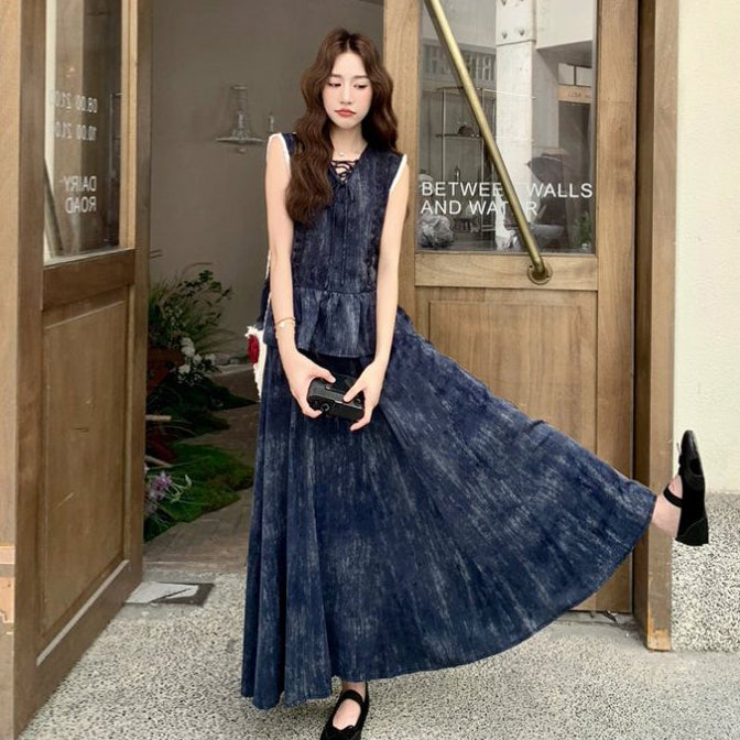 2点セット！【セットアップ】韓国風 レトロデザイン 刺繍 セットアップ レディース おしゃれ 細見え ベスト＋スカート 2上下セット【SHシリーズ】