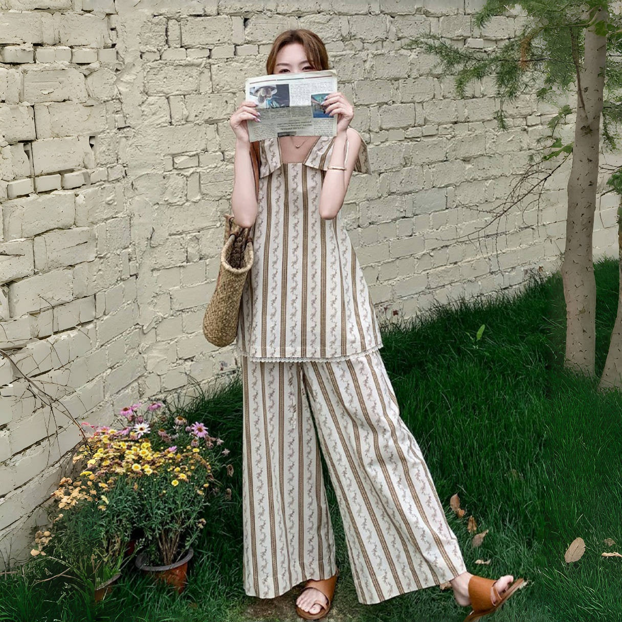 2点セット！【セットアップ】ストライプ柄キャミソール＋ワイドパンツ 上下 セットアップ 夏 フレンチリゾート風【SHシリーズ】