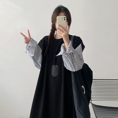 【ワンピース】デザイン感 長袖 フェイクレイヤードワンピース レディース 切替 大きめサイズ ロングドレス【JZシリーズ】