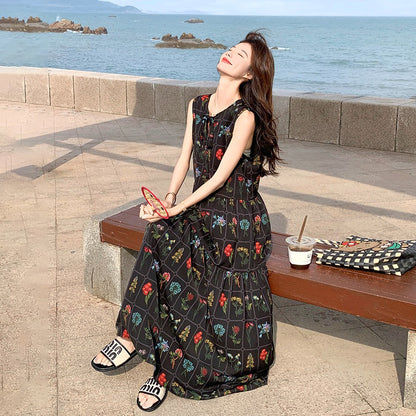 【ワンピース】刺繍プリント ビーチ ノースリーブタンクワンピース【SHシリーズ】