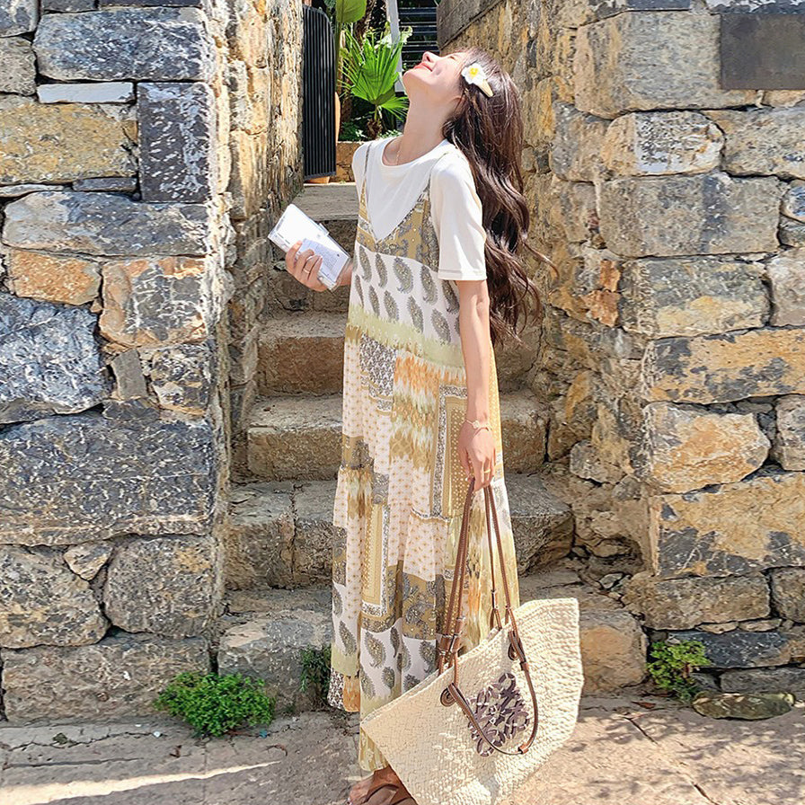 2点セット！【セットアップ】優しげリゾート風 夏新作 Tシャツ＋花柄 ノースリーブワンピースセット【SHシリーズ】