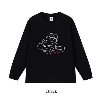 6カラー | S~3XL【トップス】猫からのプレッシャー プリント ロングTシャツ 春秋 ユニセックス ルーズ コットン【FCシリーズ】