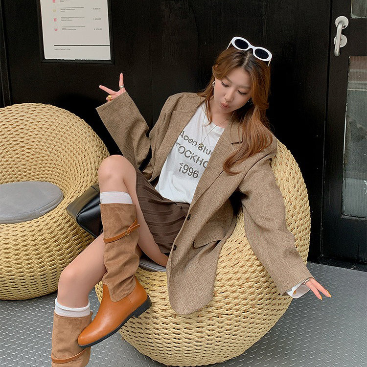 【シューズ】🍂キャラメルブラウン ベルト付きヴィンテージ風ハイカットウエスタンブーツ💫スエードラウンドトゥ レディース