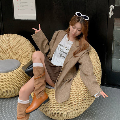 【シューズ】🍂キャラメルブラウン ベルト付きヴィンテージ風ハイカットウエスタンブーツ💫スエードラウンドトゥ レディース