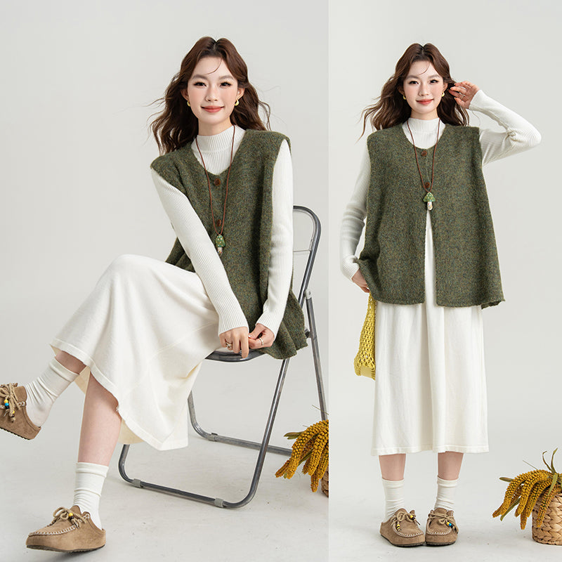 【セットアップ】ニットベスト＆長袖ニットワンピース2点セット レディース 秋冬服新作 ゆったりシルエット 大人カジュアル【JZシリーズ】