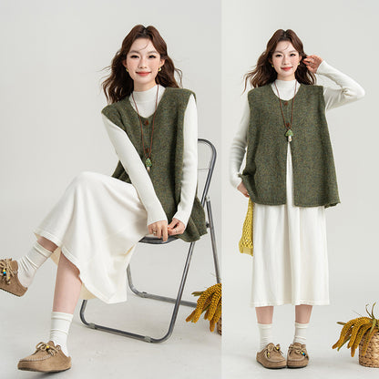 【セットアップ】ニットベスト＆長袖ニットワンピース2点セット レディース 秋冬服新作 ゆったりシルエット 大人カジュアル【JZシリーズ】