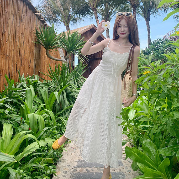 【ワンピース】リゾート風 フレンチ ホワイトレース ノースリーブワンピース 夏 レディース ウエストマーク キャミワンピース【JZシリーズ】