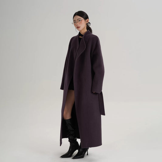 【アウター】高級感 ウール ダブルフェイス コート レディース V立ち襟 ロング丈 キャメル 秋冬【JZシリーズ】