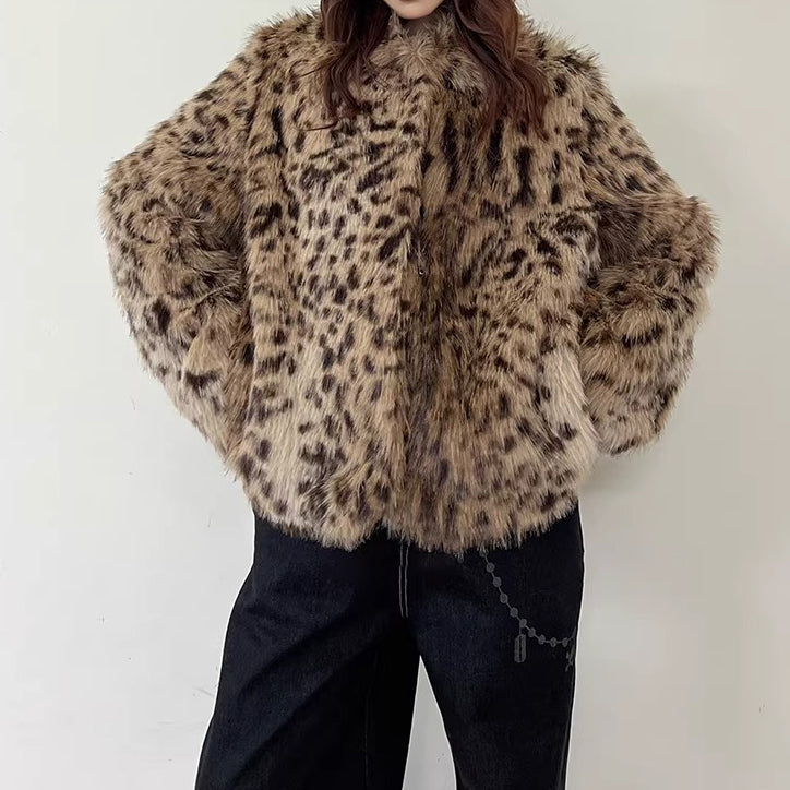 【アウター】レオパード柄 エコファー フェイクミンク ボアジャケット レディースふわもこ オーバーサイズ ショート丈【FCシリーズ】【15～20日内発送】