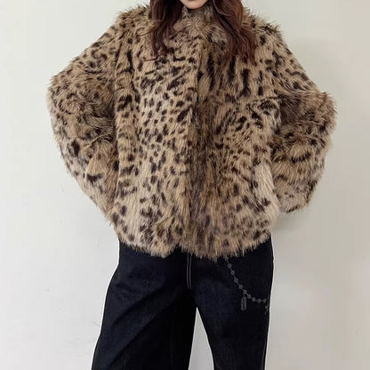 【アウター】レオパード柄 エコファー フェイクミンク ボアジャケット レディースふわもこ オーバーサイズ ショート丈【FCシリーズ】【15～20日内発送】