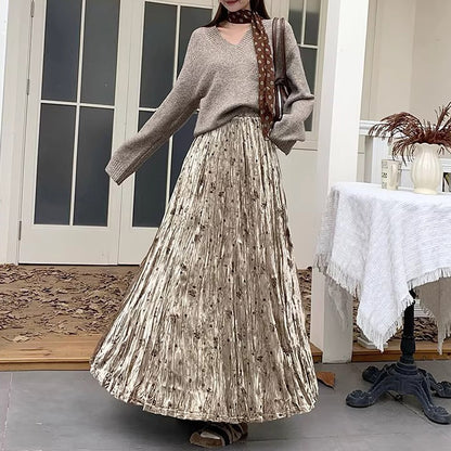 【ボトムス】レトロ 花柄 ベルベット プリーツスカート 秋冬 Aライン ヒップカバー すっきり見え エレガント ロング丈【SHシリーズ】