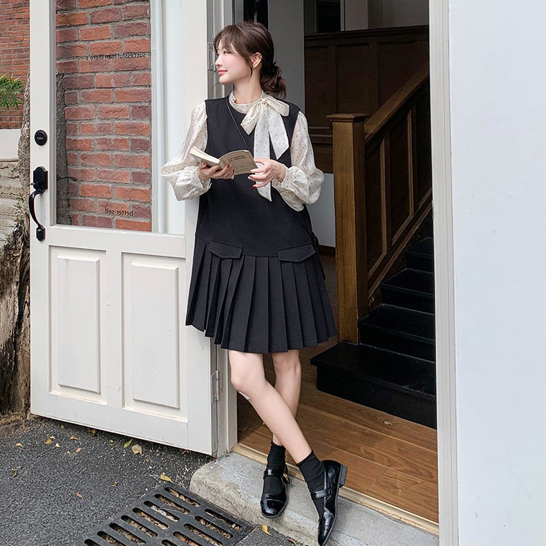 【セットアップ】レトロ レディース 新作 ドット柄シャツ＋ベストワンピース 2点セット【JZシリーズ】