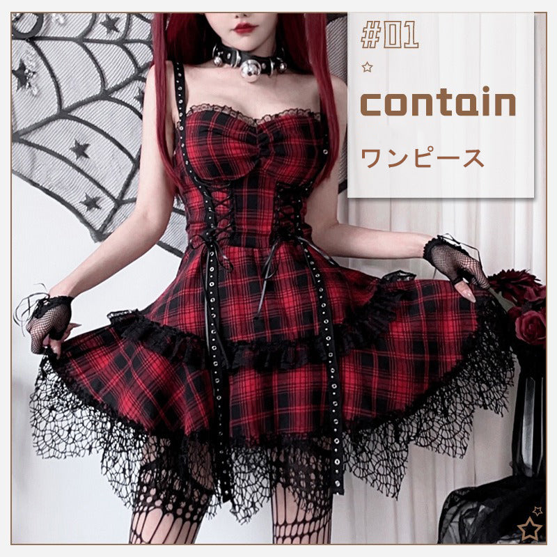 【ハロウィン】ゴシック ロリータ ドレス レディース ヤンキー系 Y2K レッド×ブラック レース 甘辛ミックス ステージ衣装