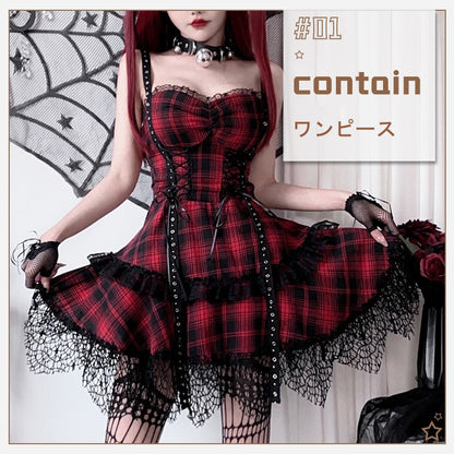 【ハロウィン】ゴシック ロリータ ドレス レディース ヤンキー系 Y2K レッド×ブラック レース 甘辛ミックス ステージ衣装