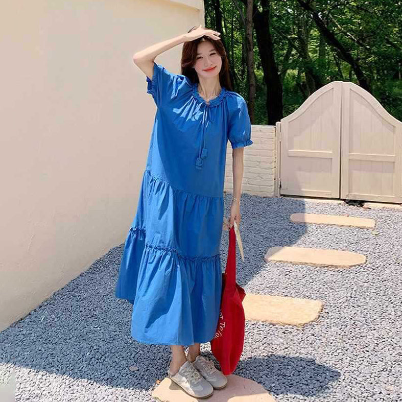 【ワンピース】高級感 パフスリーブ 夏 韓国風 ゆったり 細見え 半袖ワンピース