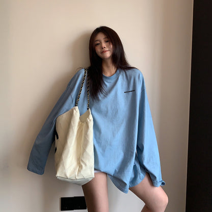 【トップス】ウォッシュ加工 刺繍 リラックス クルーネック 長袖Tシャツ 【FCシリーズ】