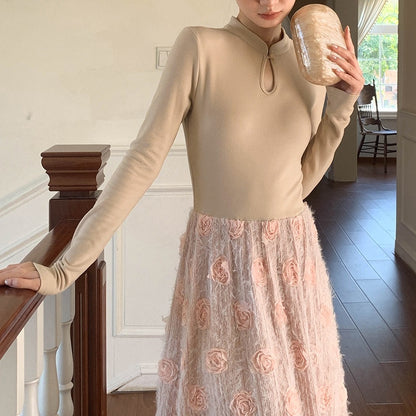 【ワンピース】春 秋 冬 花柄刺繍 細見え インナー 長袖 ワンピース  【JZシリーズ】