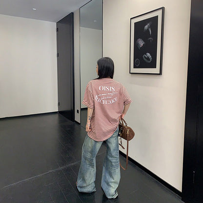 【トップス】レトロ風 ボーダーTシャツ レディース 半袖 オーバーサイズ ゆったりシルエット アメリカンカジュアル【FCシリーズ】