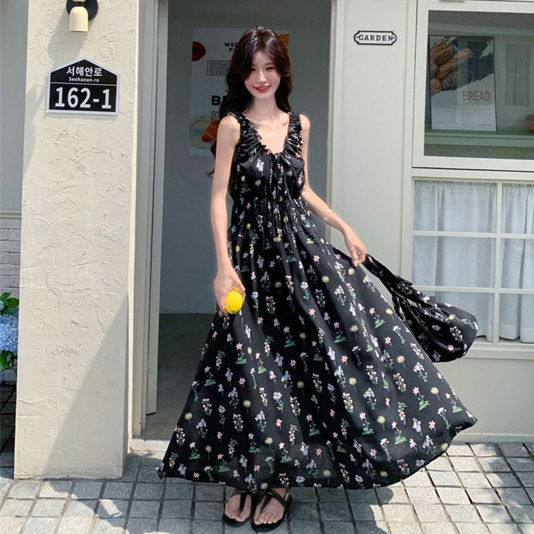 【ワンピース】花柄 キャミワンピース レディース 夏 ブラック Aライン ノースリーブ ロングワンピース 細見え 人気 リゾート風【SHシリーズ】