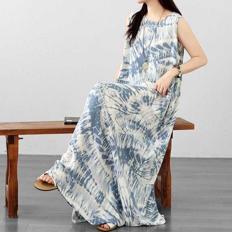 【ワンピース】韓国風 タイダイ柄ワンピース レディース 夏 ノースリーブ ブルー ゆったり ロング丈 体型カバー【SHシリーズ】
