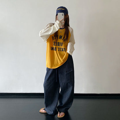 【トップス】アメリカンレトロ ロゴプリントロンT レディース メンズ ビッグシルエット 配色デザイン Ｔシャツ【FCシリーズ】