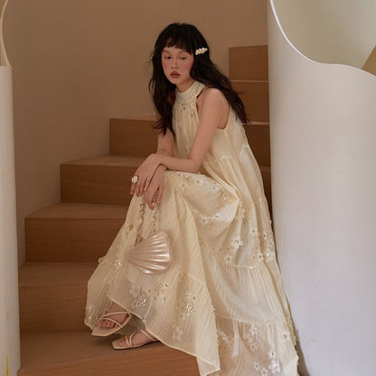 【ワンピース】夏 刺繍  エレガント 花柄スパンコール  ホルターネック  ノースリーブ ワンピース 【SHシリーズ】