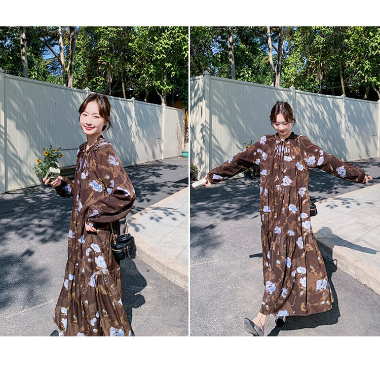 【ワンピース】ヴィンテージ風 フリルカラー 花柄 長袖ワンピース 2026春新作 小柄向け ロング丈【SHシリーズ】