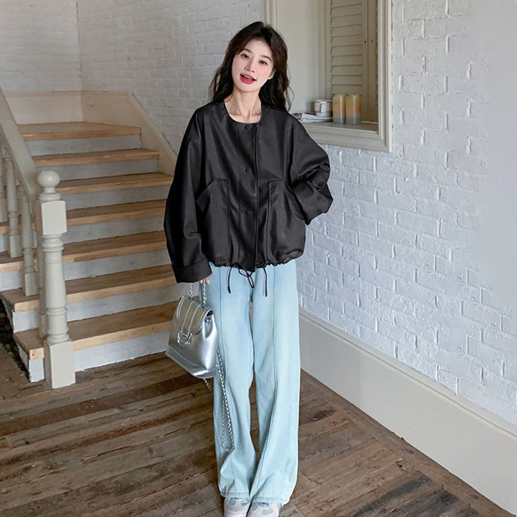 【アウター】デザイン性 ドローストリング裾 レザージャケット ゆったり カジュアル バイカージャケット【JZシリーズ】