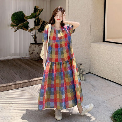 【ワンピース】ドーパミンカラー 甘めで若見え チェック柄カジュアル 細見えパフスリーブ半袖ワンピース【SHシリーズ】