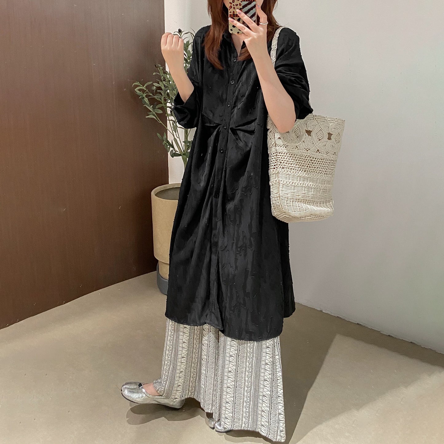 【ワンピース】文芸スタイル プリーツデザイン 立体花柄 長袖 薄手 UVカット シャツワンピース【JZシリーズ】