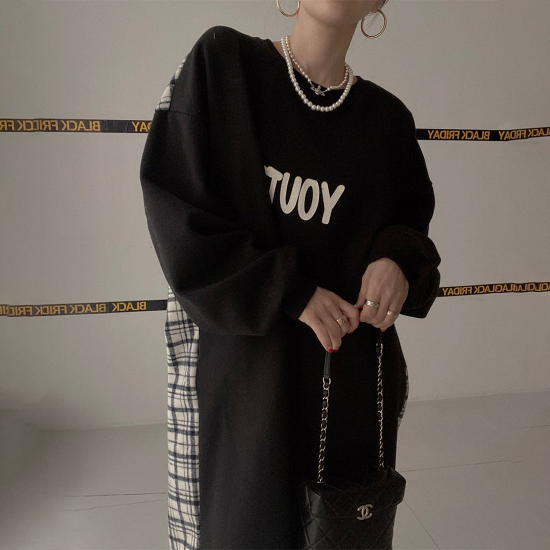 【24AW】【ワンピース】韓国風 chic アルファベット 切り替えし 長袖ワンピース