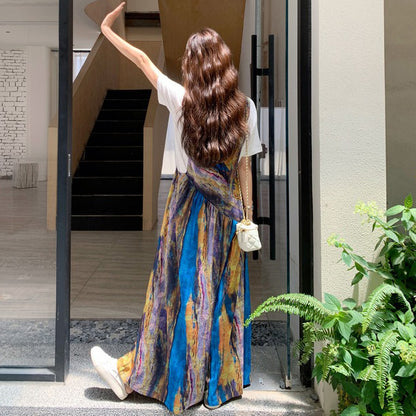 【ボトムス】夏 フレンチバカンス風 タイダイ油絵プリント オールインワン【SHシリーズ】