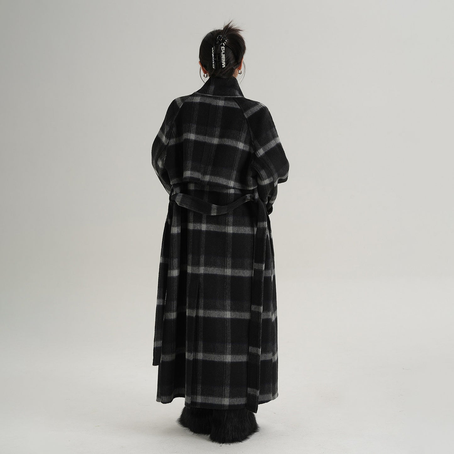 【アウター】上質 ウール100% ダブルフェイス コート レディース ロング丈 ネイビーチェック柄 秋冬 高級感【JZシリーズ】