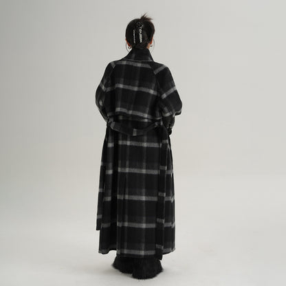 【アウター】上質 ウール100% ダブルフェイス コート レディース ロング丈 ネイビーチェック柄 秋冬 高級感【JZシリーズ】