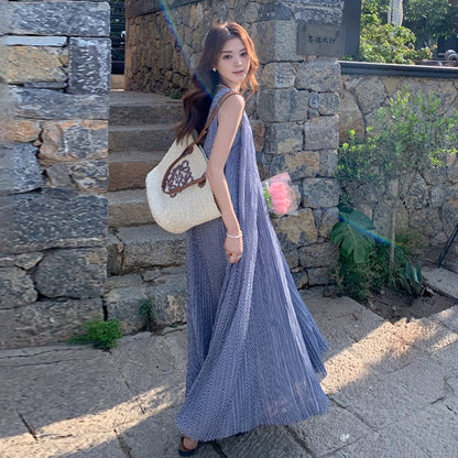 【ワンピース】韓国風 千鳥格 ノースリーブワンピース レディース 夏 大きめ裾 ロング丈 高見え【SHシリーズ】