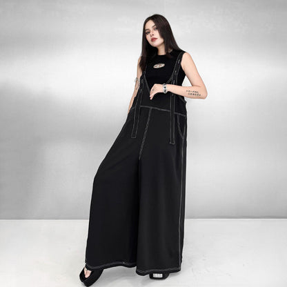 【ボトムス】大人きれいめ オールインワン レディース 夏 ブラック ノースリーブ デザインワイドパンツ 上品【AHシリーズ】